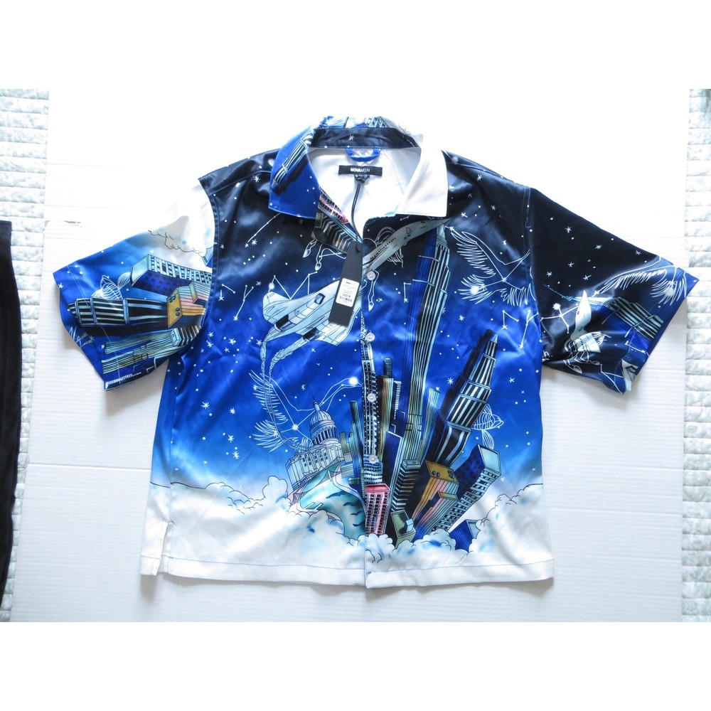 Nova Men Skyline Cropped Shirt Mens Medium Blue City Night Graphic Space New